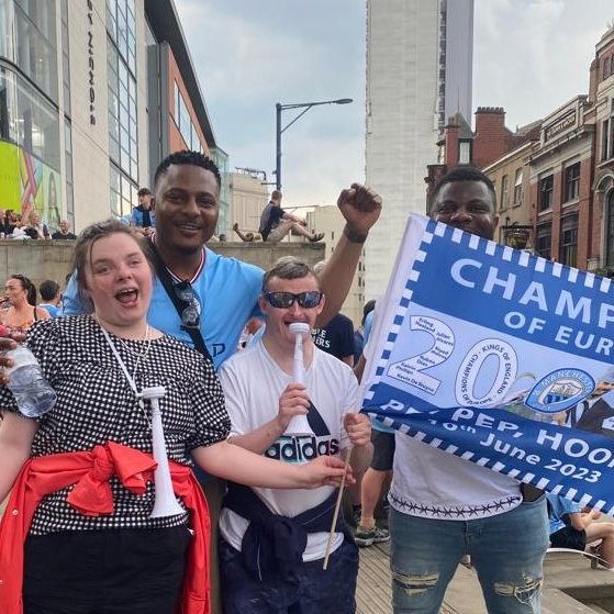 📸 A few photos from an amazing afternoon and evening yesterday, as proud @ManCity fans Sophie and David celebrated their club's success alongside #SupportedLiving Community Support Worker Andrea and a good few fellow Citizens!