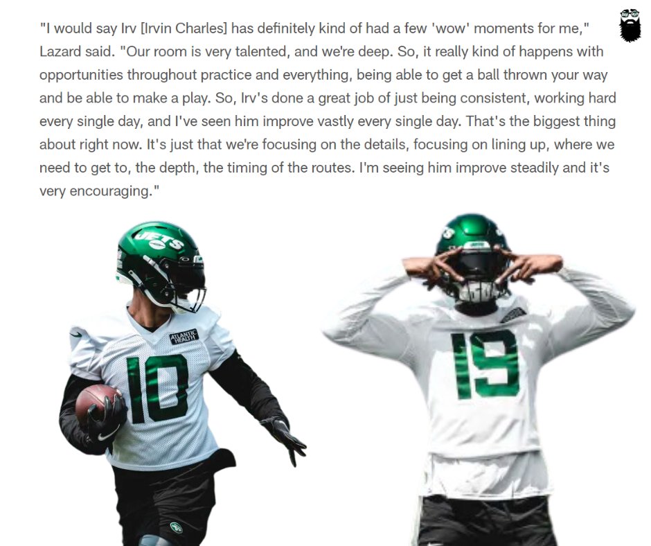 Really cool: #Jets WR Allen Lazard (@AllenLazard) told @cghendy that the wide receiver that stood out during OTAs was Irvin Charles (@SwirvingtonTon): #TakeFlight @nyjets LINK: newyorkjets.com/news/wr-allen-…