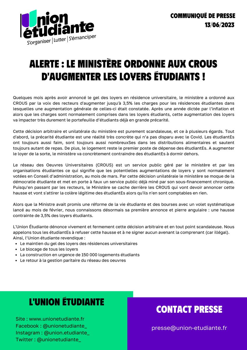 🔴 Le gouvernement s'attaque aux loyers des étudiantEs !

Le Ministère <a href="/sup_recherche/">Ministère Enseignement supérieur/Recherche/Espace</a> se cache derrière les Crous pour imposer une hausse de 3,5% des charges et donc des loyers à la rentrée universitaire.

L'Union étudiante sonne l'alarme et dénonce cette décision arbitraire ⤵️
