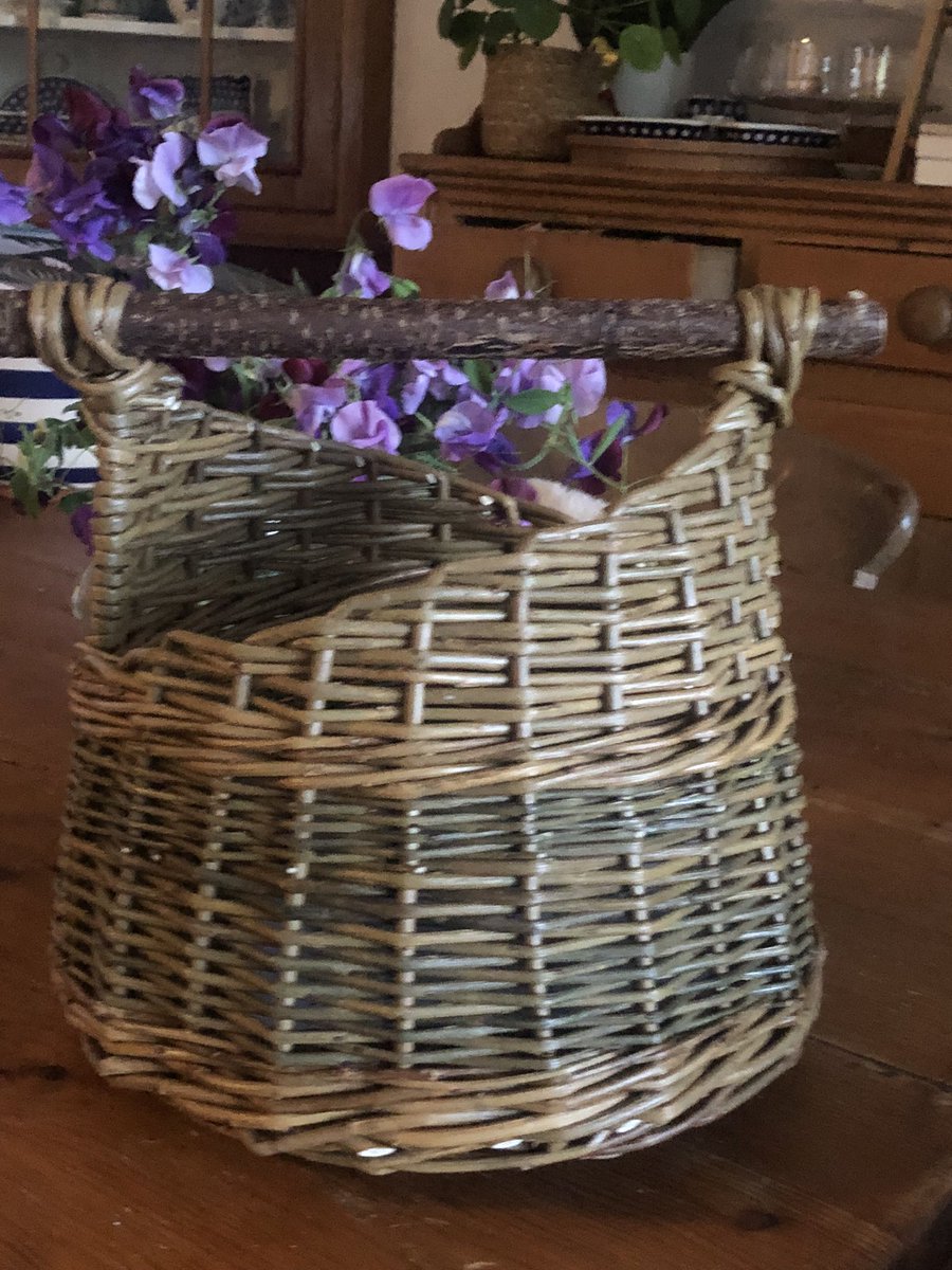 Yesterday I learned how to make an asymmetric basket.  This is my first one and I’m working on the second now. #basketry #willow #willowweaving #basketmaking