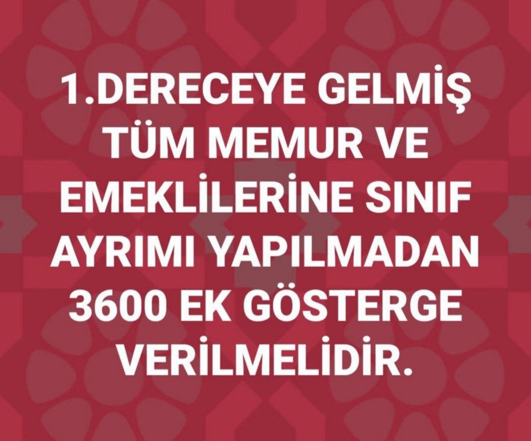 #BirinciDereceye3600 ek gösterge için seçim öncesi verilen sözlerin tutulmasını ve kanun teklifini bekliyoruz. <a href="/RTErdogan/">Recep Tayyip Erdoğan</a> <a href="/isikhanvedat/">Prof. Dr. Vedat Işıkhan</a> <a href="/csgbakanligi/">T.C. Çalışma ve Sosyal Güvenlik Bakanlığı</a> <a href="/erkanakcay45/">Erkan Akçay</a> <a href="/akbasogluemin/">Av. M.Emin AKBAŞOĞLU 🇹🇷</a> <a href="/_aliyalcin_/">Ali YALÇIN</a> <a href="/OnderKahveci/">Önder Kahveci</a> <a href="/TurkesGuney/">Türkeş Güney</a> <a href="/yusufyazgan37/">Yusuf YAZGAN</a> <a href="/Kamu_Sen/">Türkiye Kamu-Sen</a> <a href="/MemurSenKonf/">Memur-Sen</a>