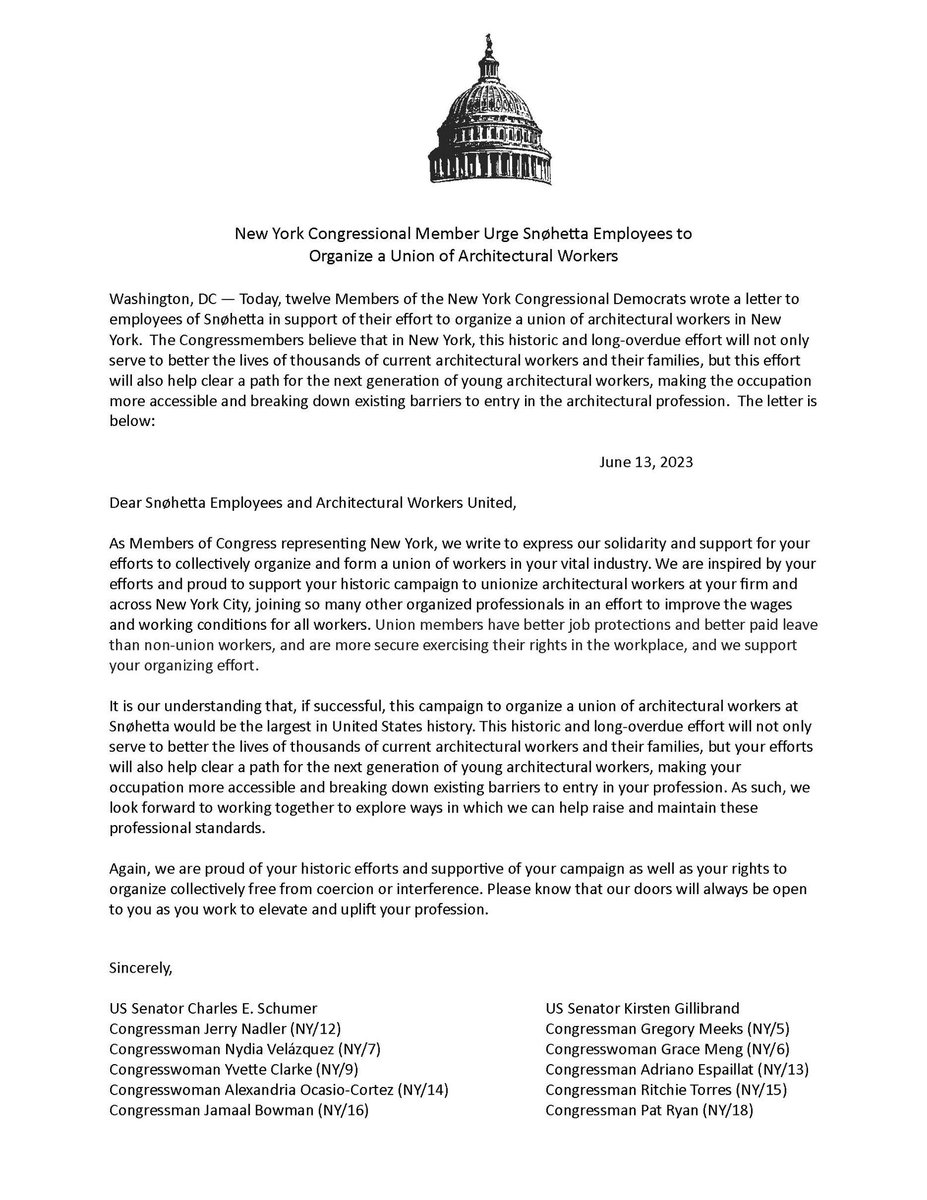 Architectural Workers United (@arch_workers_u) on Twitter photo We couldn't be more thrilled to share this statement from twelve members of Congress in solidarity with the Snøhetta workers seeking to unionize! ✊✊ We couldn't be more thrilled to share this statement from twelve members of Congress in solidarity with the Snøhetta workers seeking to unionize! ✊✊