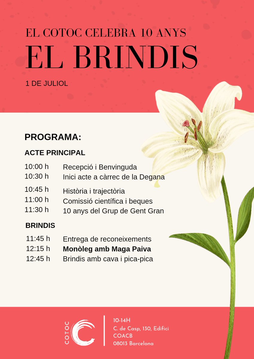 El dia 1 de juliol del 2023 se celebren els 10 anys del COTOC amb un Brindis!!! Col·legiades veniu a gaudir d'aquest dia!