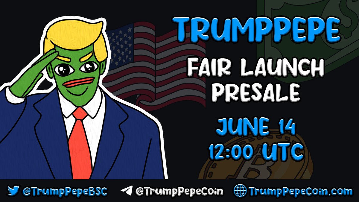 ⚪️TrumpPepe Presale  | 0% Tax | BSC 🔸

🔔Presale live on 2023.06.14 (12.00 UTC)

✅ Renounced Contract
🔥 50% Supply Burned
🚀Avedex Trending
 🪙  CMC Fast Tracking

💎 0% BUY/SELL Tax
💎 1 BNB Max Buy

pinksale.finance/launchpad/0x94…

#btc #bitcoin #elonmusk #pepe #pepecoin #meme