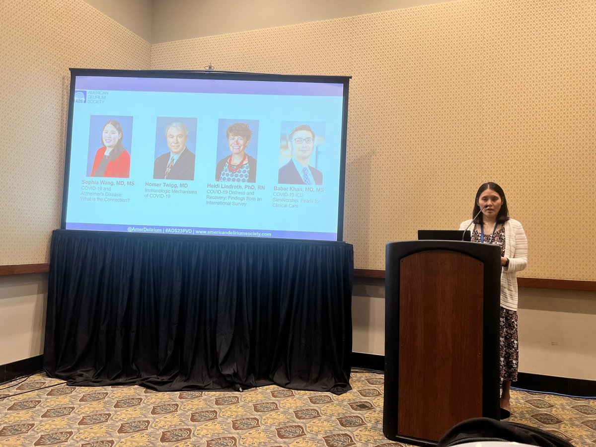 Cognitive trajectories and mechanisms of aging in #COVID19 - Dr. Wang kicking off a symposium at #ADS23PVD with @minipixie26 @DeliriumKhan and Dr Homer Twigg III