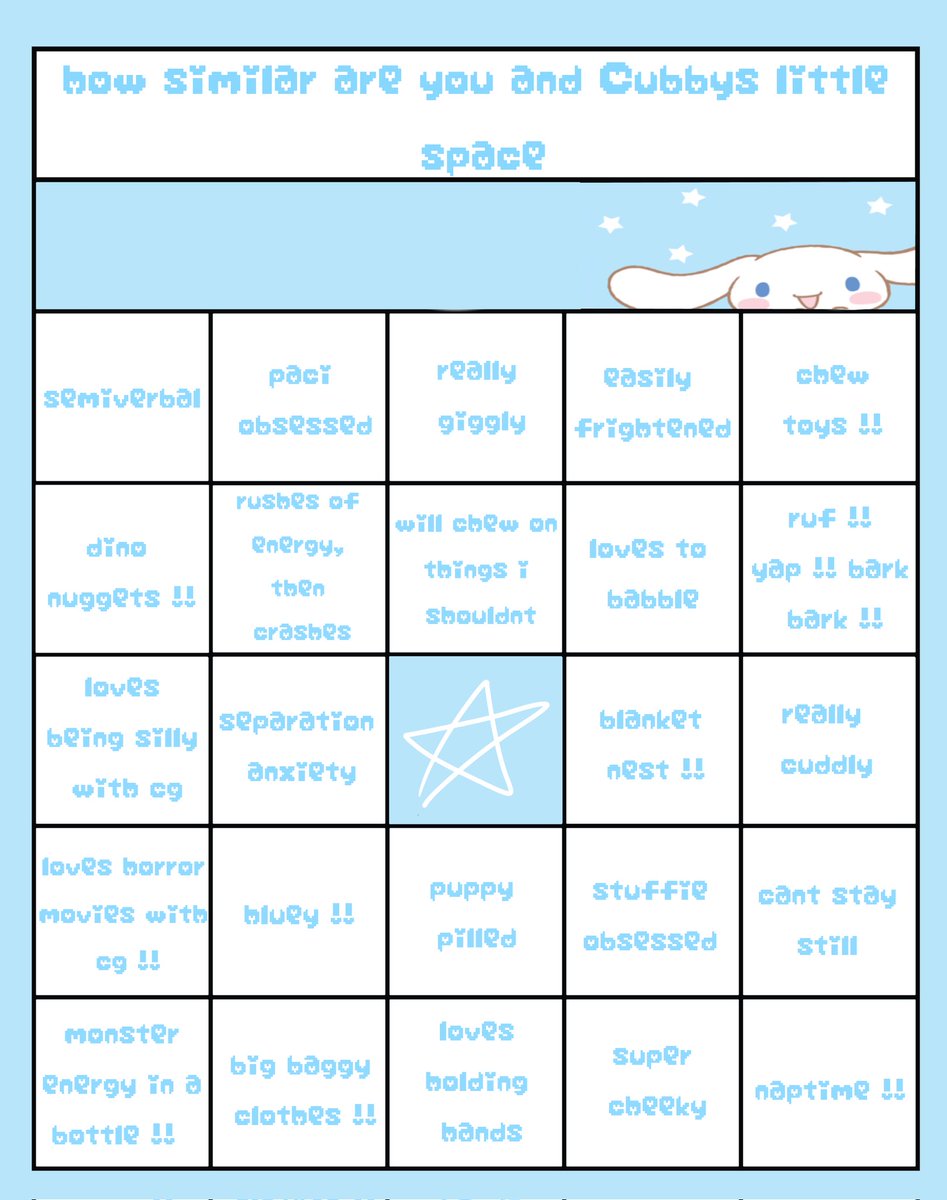 plnetpupy's tweet photo. thought id make a fun little bingo carrd, how similar are you and cubbys little space 🐾🩵

#ageretwt #agere #petre https://t.co/pWnJs3H6yL