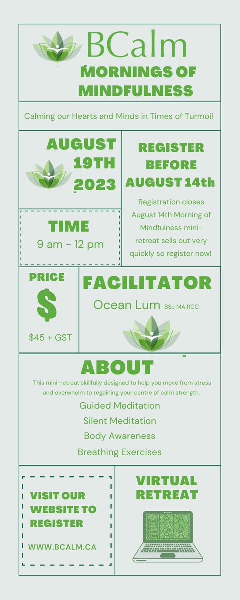 Join us for BCalm's Mornings of Mindfulness on August 19th from 9 am - 12 pm! Only $45 for an extremely rewarding virtual mindfulness retreat. For registration and more information Visit: bcalm.ca/what-we-offer/… #Mindfulness #Mentalhealth