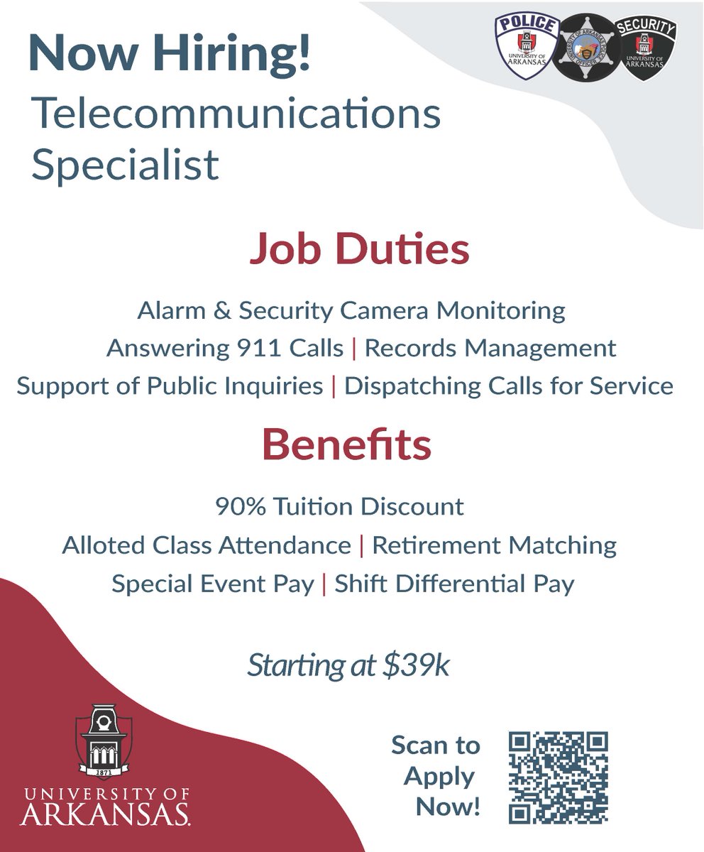 The U of A is searching for a telecommunications specialist to answer 911 calls, monitor security cameras, communicate with officers on campus. Salary starts at $39k!

Learn more and apply! uapd.uark.edu/hiring/index.p…