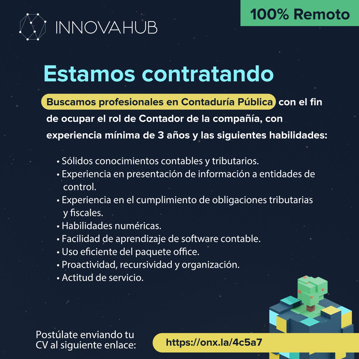 InnovaHubCol's tweet image. No olvides postular accediendo al siguiente enlace onx.la/4c5a7
Nuestro equipo es 100% remoto.
¡Te esperamos!
#TrabajoSiHay#ofertalaboral#empleo#trabajoremoto#contador#contadora#contaduría