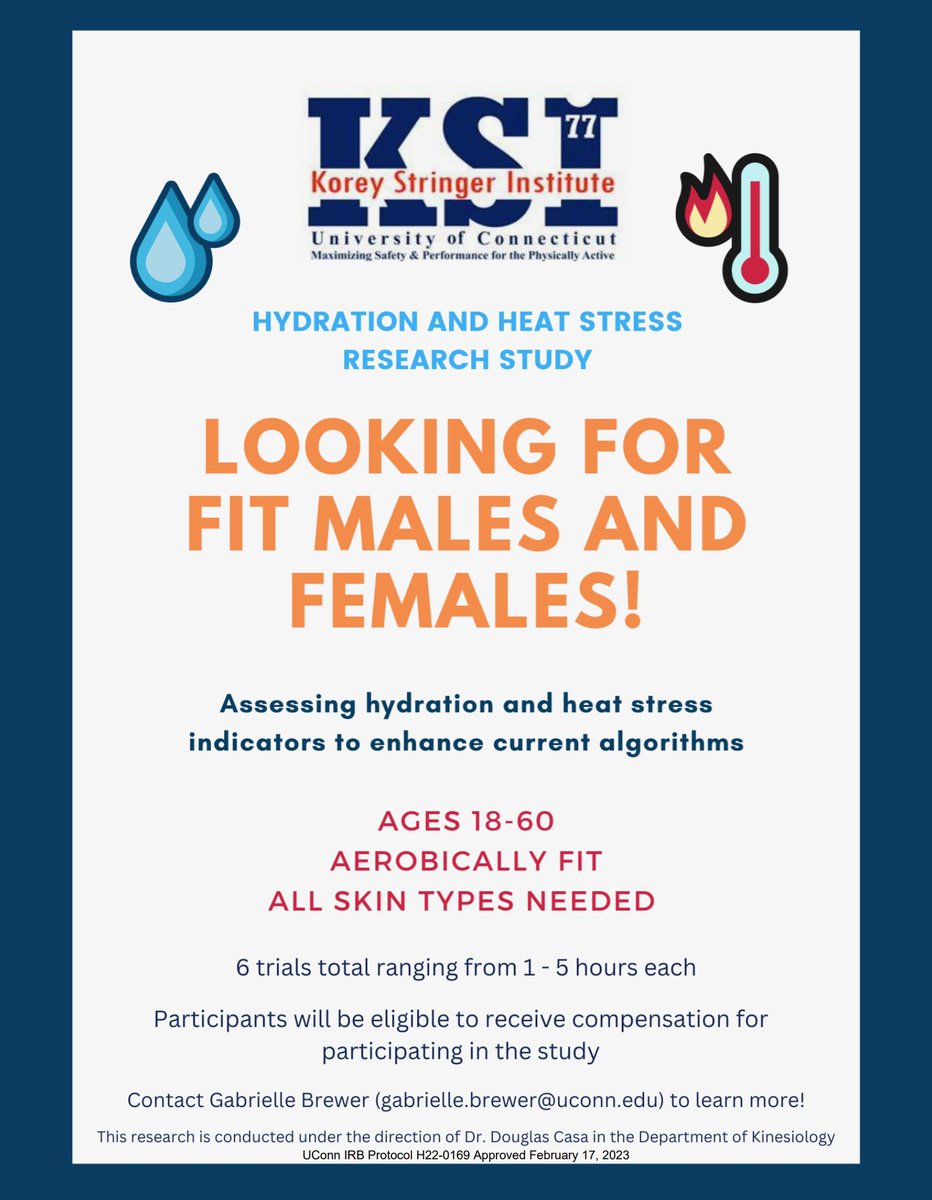 K_S_Institute's tweet photo. We are recruiting for a research study! 🏃‍♀️🏃‍♂️

🌡️This study involves running &amp; biking in hot &amp; humid environmental conditions at UCONN 4 times + 2 baseline visits (VO2Max on treadmill &amp; bike, body composition, etc). 

📧Interested? Email john.navarro@uconn.edu

IRB H22-0169 https://t.co/LZBgWBZyq9