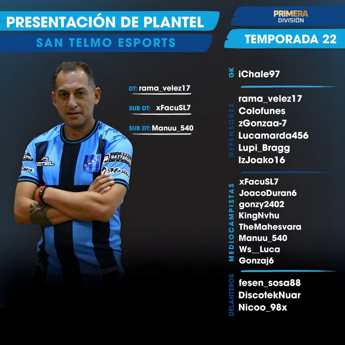PLANTEL FIFA 11v11⚽

#FIFA | Presentamos al plantel que nos va a estar representando en la Primera División de <a href="/IESAFIFAar/">IESA Argentina</a> Temporada 22  <a href="/PrensaSanTelmo/">Club San Telmo</a>
<a href="/clubsantelmo/">Club Atlético San Telmo</a>

✍️🖼️ <a href="/LupiBragg/">ʟᴜᴘɪ</a>

#TodoTelmo
