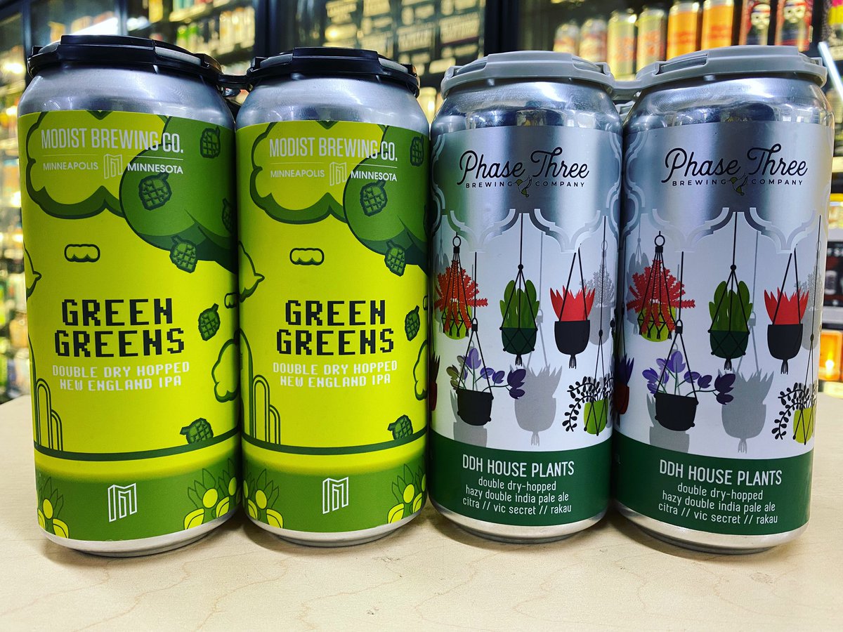 HarleysLiquor's tweet photo. Green Greens- DDH New England IPA🌿🌿
@ModistBrewing 

DDH House Plants- DDH Hazy Double IPA
@PhaseThreeBrew 

#newbeer #goodbeer #beergoals #craftbeer #beeroclock #modistbrewing #phasethreebrewing https://t.co/HmJcqS9BGL