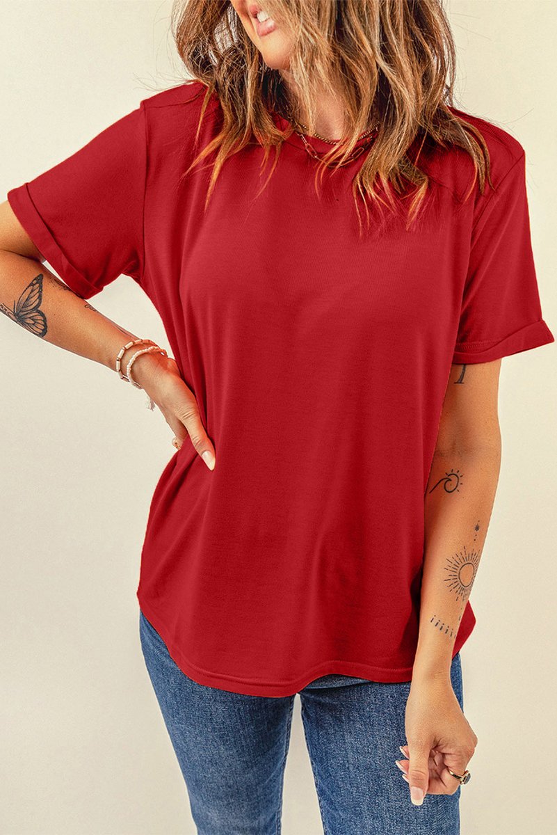 Round Neck Cuffed Short Sleeve Tee#RoundNeckTee #ShortSleeveTee #CuffedTee #CasualFashion #EverydayStyle #ComfortandStyle #VersatileWardrobe #FashionEssential #EffortlessStyle #ModernLook