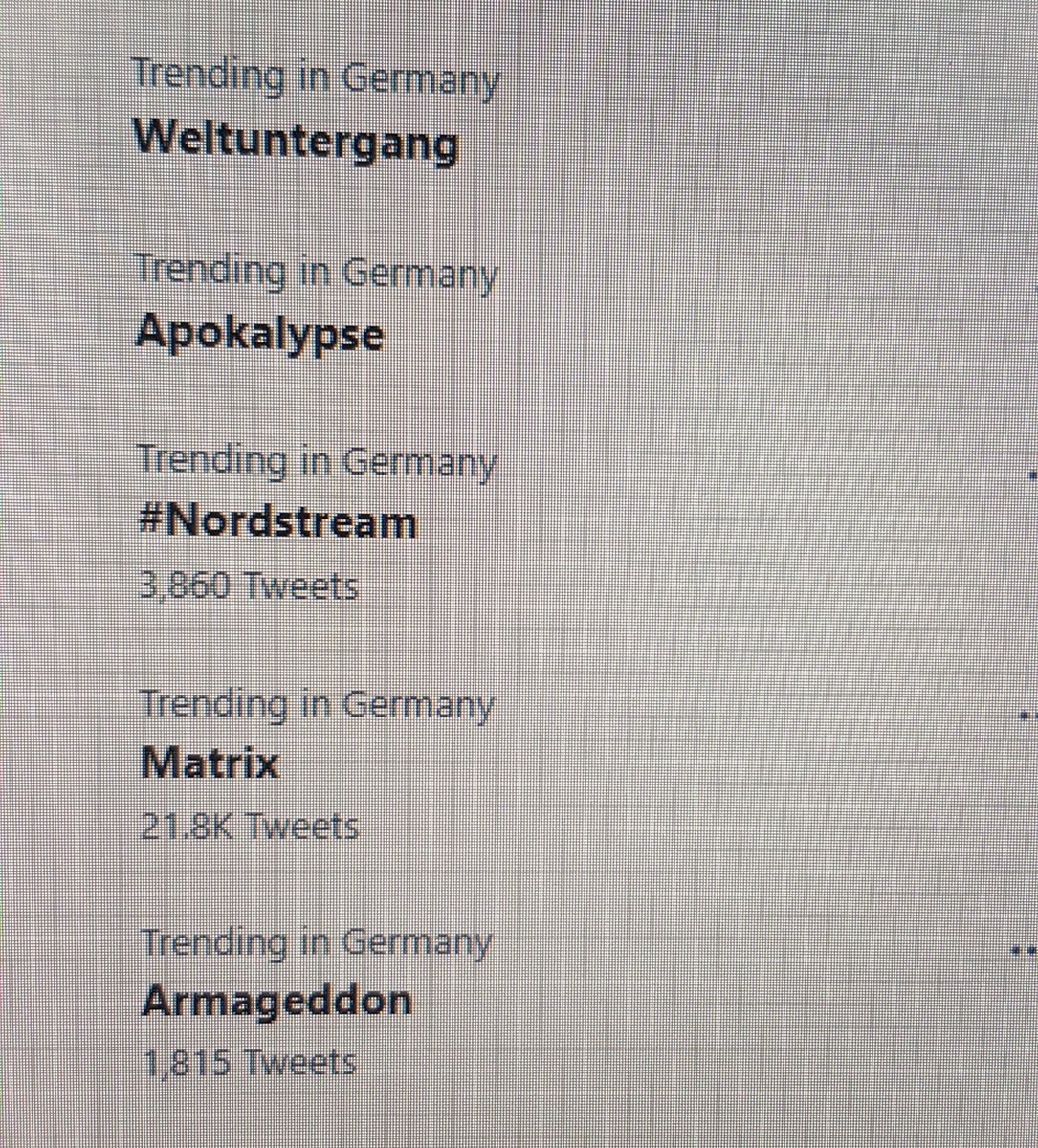 Uhm... Here in Germany WORLD'S END, APOCALYPSE, ARMAGEDDON and MATRIX are trending.

Did I miss something? 😅