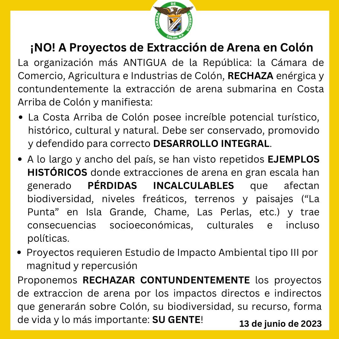 Raisa Banfield #PanamáSoberana🇵🇦 (@raisabanfield) on Twitter photo Pronunciamiento de la Cámara de Comercio de Colón, frente al pretendido atraco de arena submarina frente a Portobelo. Otro tema por el que ni <a href="/MiAmbientePma/">Ministerio de Ambiente de Panamá</a> ni <a href="/MICIPMA/">Ministerio de Comercio e Industrias de Panamá</a> responden Pronunciamiento de la Cámara de Comercio de Colón, frente al pretendido atraco de arena submarina frente a Portobelo. Otro tema por el que ni <a href="/MiAmbientePma/">Ministerio de Ambiente de Panamá</a> ni <a href="/MICIPMA/">Ministerio de Comercio e Industrias de Panamá</a> responden