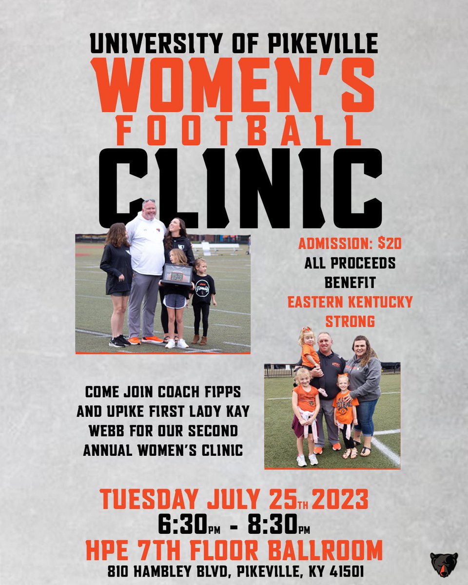 Come join us for our second Annual Women's Football Clinic! Learn football from the UPike Football staff and players! There will be a silent auction, social hour, and so much more! All proceeds benefit Eastern Kentucky Strong, a local charity dedicated to female leadership❗️