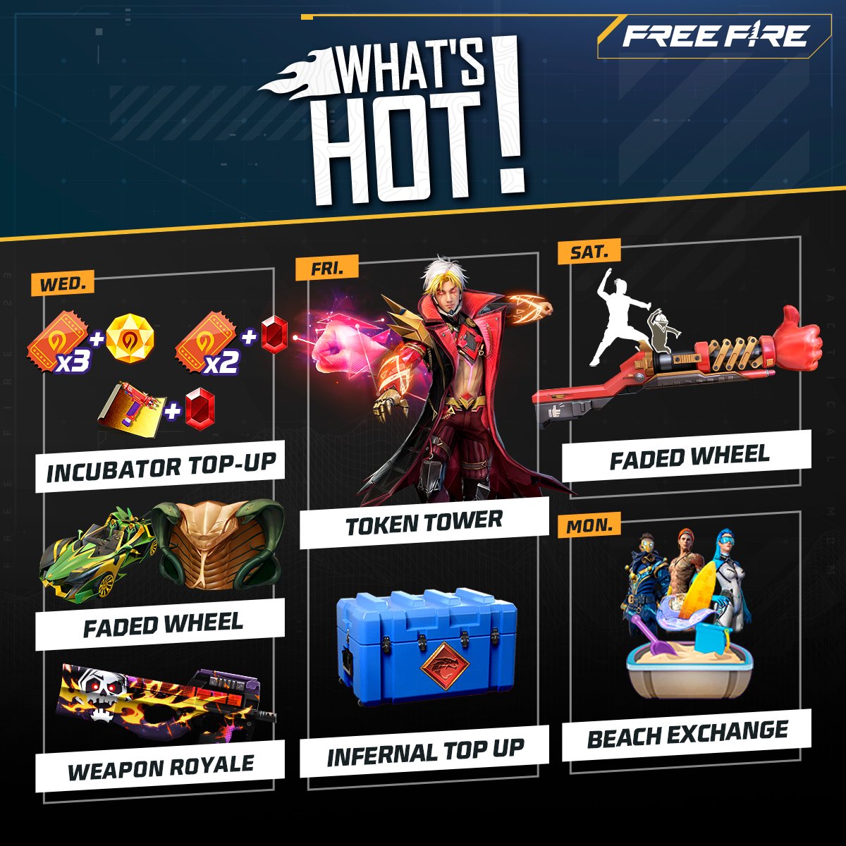 Garena Free Fire North America on X: 🔥📕WEEKLY SCHEDULE TIME📕🔥 What's  🔥 in #FreeFire this week: New emotes arrive through the Hacker Store and  Emote Topup, the Underworld Wrecker and Liberty Superjock