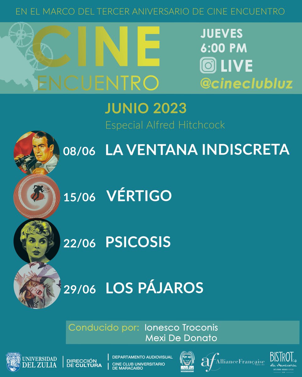 En la programación de Cine Encuentro mes de JUNIO venimos con un especial de las películas de Alfred Hitchcock. En nuevo horario de transmisión en línea a través de Instagram @cineclubluz 

Jueves
6:00 pm 
LIVE por Instagram

Conducido por Ionesco Troconis y Mexi de Donato.