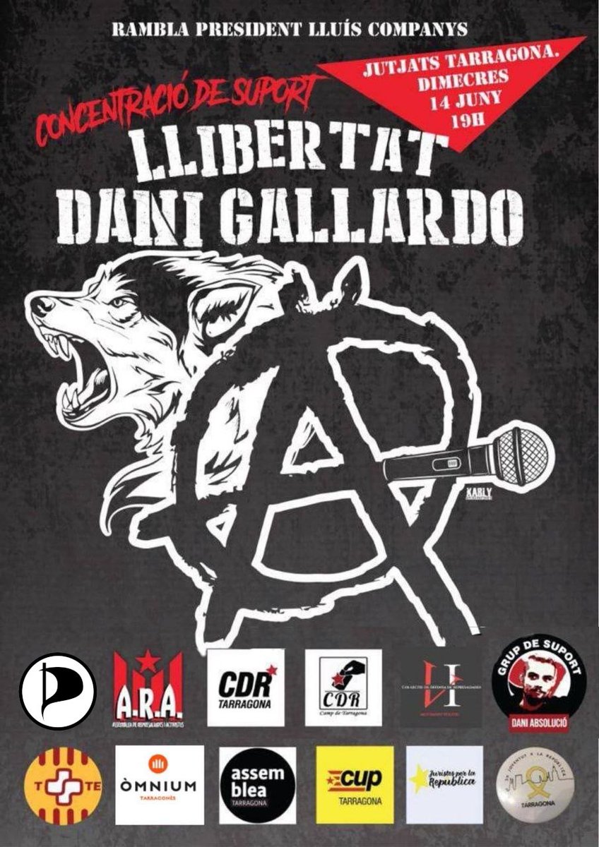 pirates_sud's tweet photo. 📣Demà 14 de juny a les 19h. 
Concentració en suport a Dani Gallardo. Davant dels jutjats de Tarragona. #DaniGallardoLlibertat @DaniAbsolucio https://t.co/nN19neIciB