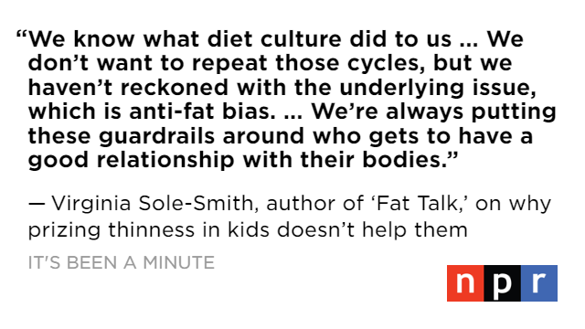 It's Been A Minute (@npritsbeenamin) on Twitter photo .<a href="/v_solesmith/">Virginia Sole-Smith</a> says that when parents want their kids to have good relationships with their bodies – but don’t want their kids to be fat – they end up perpetuating cycles of anti-fat bias.
Listen to her chat with <a href="/bmluse/">Brittany Luse</a> ➡️ bit.ly/3qDmflo .<a href="/v_solesmith/">Virginia Sole-Smith</a> says that when parents want their kids to have good relationships with their bodies – but don’t want their kids to be fat – they end up perpetuating cycles of anti-fat bias.
Listen to her chat with <a href="/bmluse/">Brittany Luse</a> ➡️ bit.ly/3qDmflo
