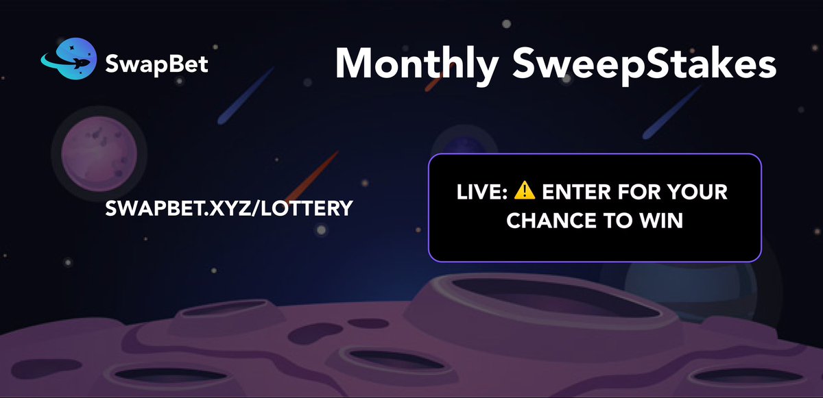 Our Monthly SweepStakes is officially open for a second time 🎁

Holders are able to enter to win another 41,666 tokens this month 🃏

View our previous winners on our dApp 

swapbet.xyz/lottery 
t.me/swapbetxyz