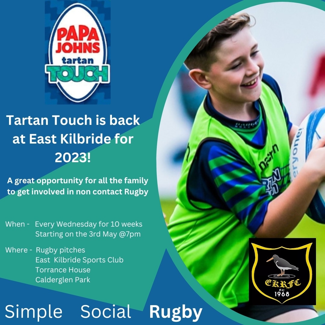 As they say......
Time flies when you're having fun!

Week 7!!! of Tartan Touch tomorrow at Calderglen 😲

Please remember........

Register ✔️
Hydrate✔️
Have fun✔️
🏉
@ekrfc @PapaJohnsUK @EKilbrideNews @Scotlandteam 
#tartantouch