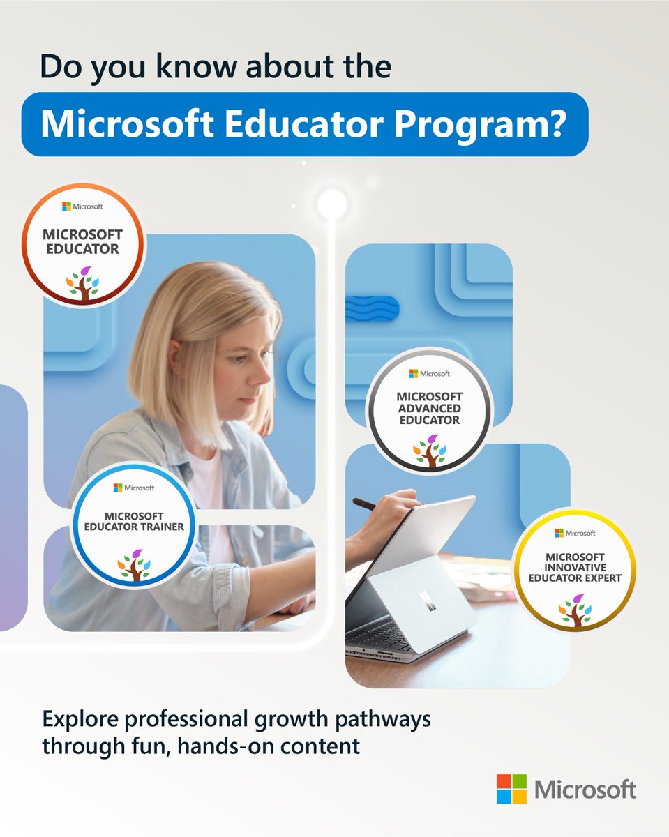 MicrosoftEDU's tweet photo. Looking for #PD opportunities this summer?

The Microsoft Educator Program is a free resource designed to help teachers and school leaders become proficient in Microsoft technologies. 

Learn about the four different pathways today: https://t.co/g6kol2JLDF

#MicrosoftEDU https://t.co/DtgZiPa4RC