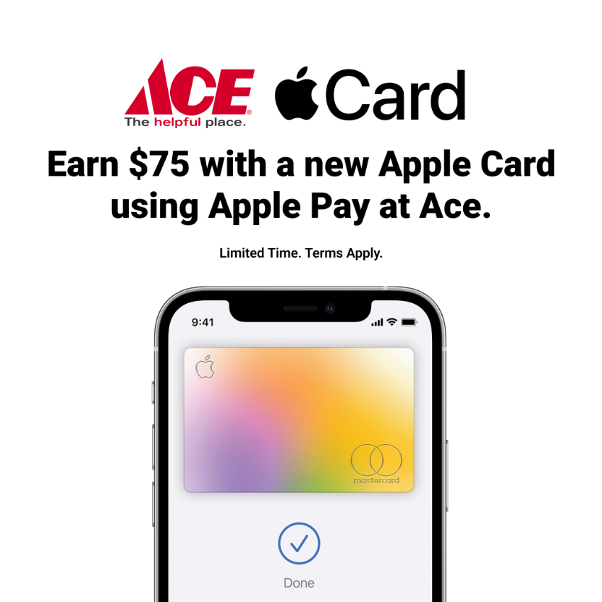 Get a new Apple Card account by 6/30, and enjoy $75 in Daily Cash when you use it with Apple Pay to spend $75+ at Ace within your first 30 days. Terms Apply. Learn more here: bit.ly/3C7BOnP #MyLocalAce