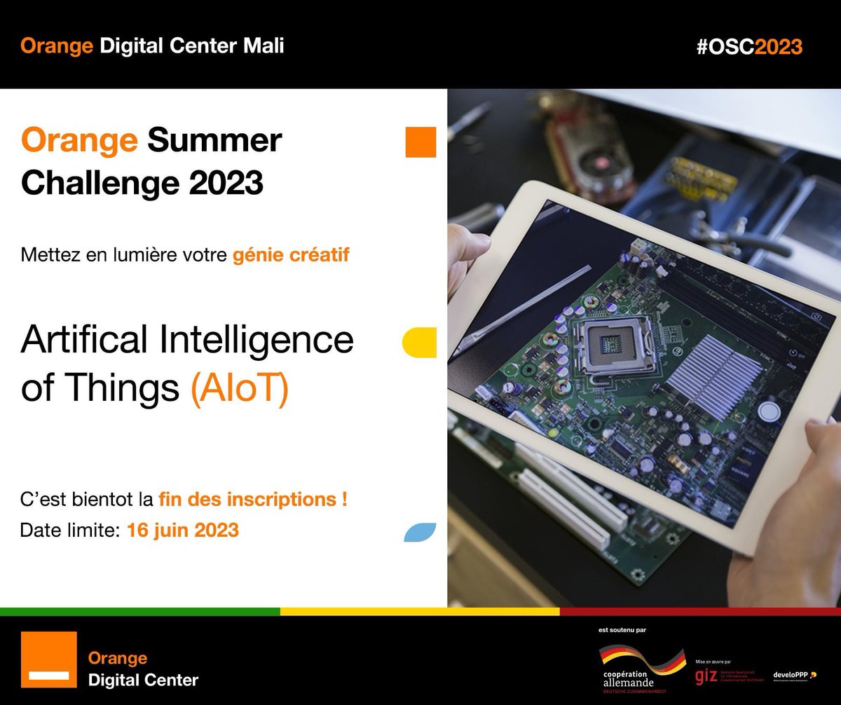 Intelligence Artificielle ou Internet des Objets(IoT) 🤔 Pourquoi pas les deux 😁 
Orange Summer Challenge 2023 est là pour vous !  Des prix à gagner, des divertissements et bien d'autres. Inscrivez-vous avant le 16 Juin 2023 via le lien suivant: lnkd.in/eVNjWkW5

#ai #iot