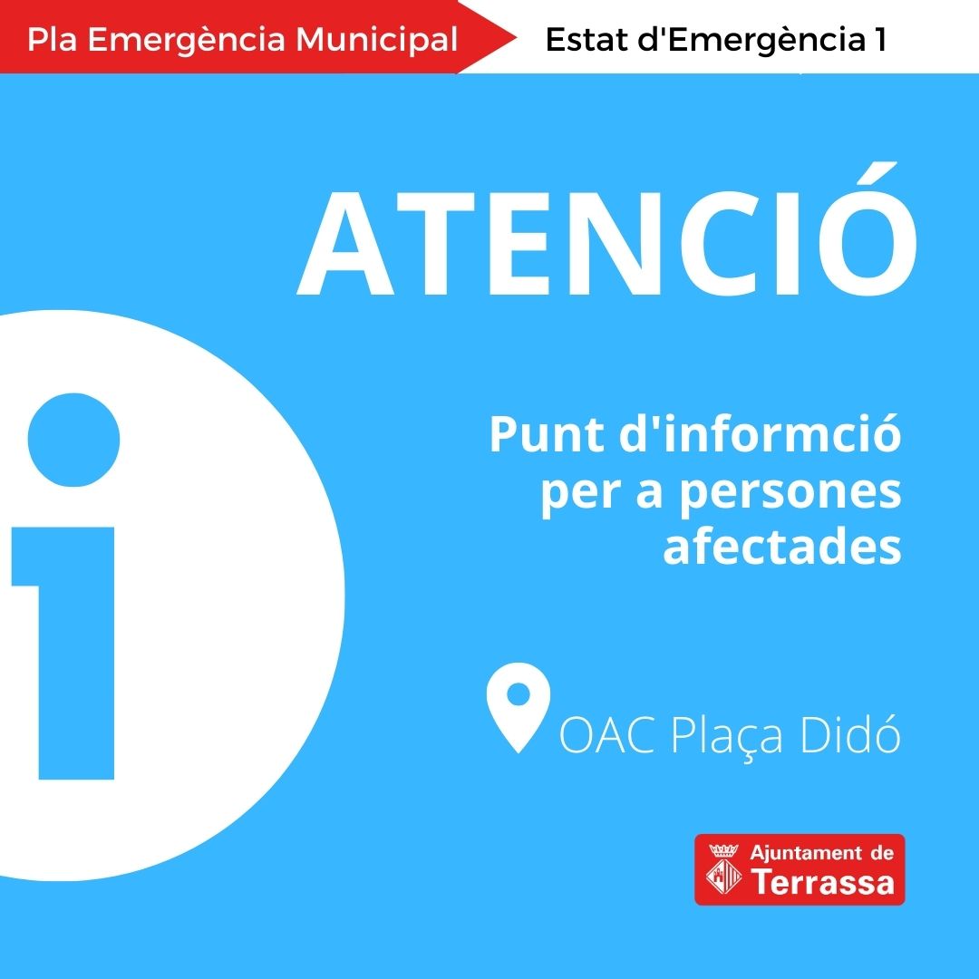 ajterrassa's tweet photo. ℹ️⚠️ Per atendre totes les consultes i peticions relacionades amb els efectes de l’episodi de fortes pluges i inundacions a #Terrassa, posem en marxa, a partir de demà, un punt d’atenció a plaça Didó, que es reforçarà amb personal especialitzat del servei de Consum. https://t.co/YmvPaHjnt8