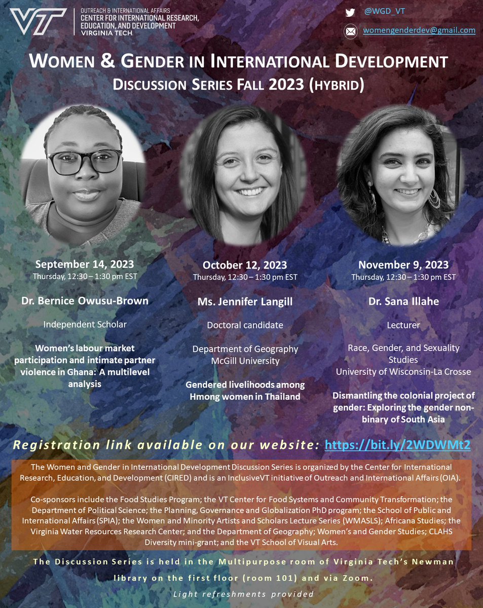 Introducing the FAll 2023 speakers of the Women and Gender in International Development <a href="/WGD_VT/">Women&Girls in Dev</a> Discussion Series! 
Visit our website for more details and registration links to the upcoming exciting new events! 

🔗bit.ly/2WDWMt2 

#GenderAndDev