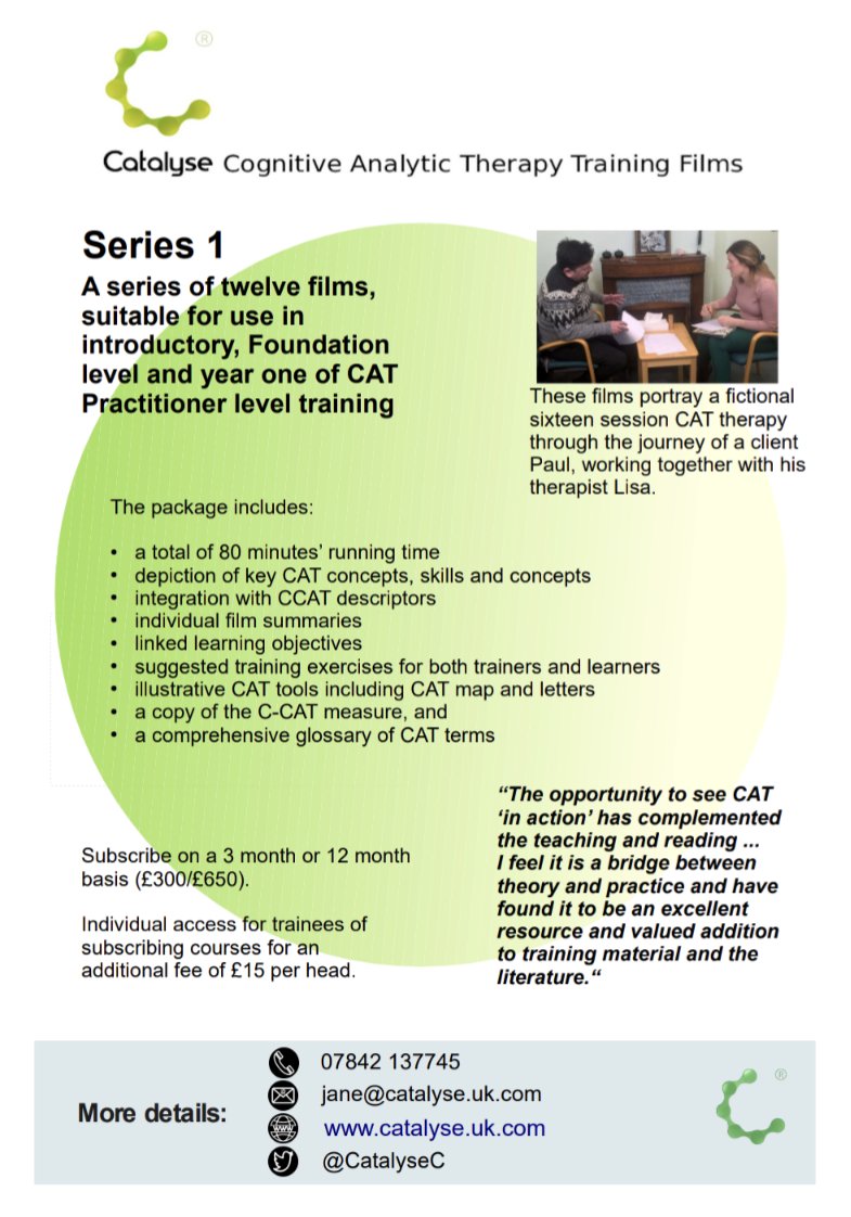 CatalyseC's tweet photo. Some of the Catalyse crew are heading to Helsinki to join #ICATA23 with international colleagues.  A few of these new fliers about the two sets of #CatalyseFilms may make it into luggage for sharing at the conference - but take an early glimpse here #CognitiveAnalyticTherapy https://t.co/hmXdSOb456