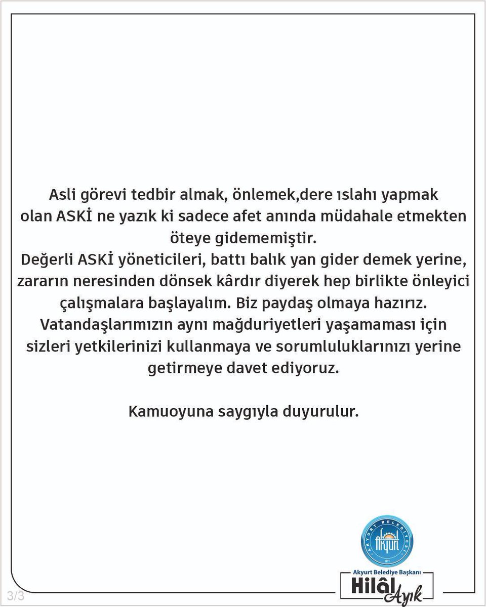 ayikhilal's tweet photo. ASKİ’ye sesleniyoruz. Battı balık yan gider demek yerine, zararın neresinden dönsek kârdır diyerek hep birlikte afet önleyici çalışmalara başlayalım. 
Aynı mağduriyetlerin yaşanmaması için sizleri sorumluluklarınızı yerine getirmeye davet ediyoruz.

Biz paydaş olmaya hazırız. https://t.co/BZKBptM0ss