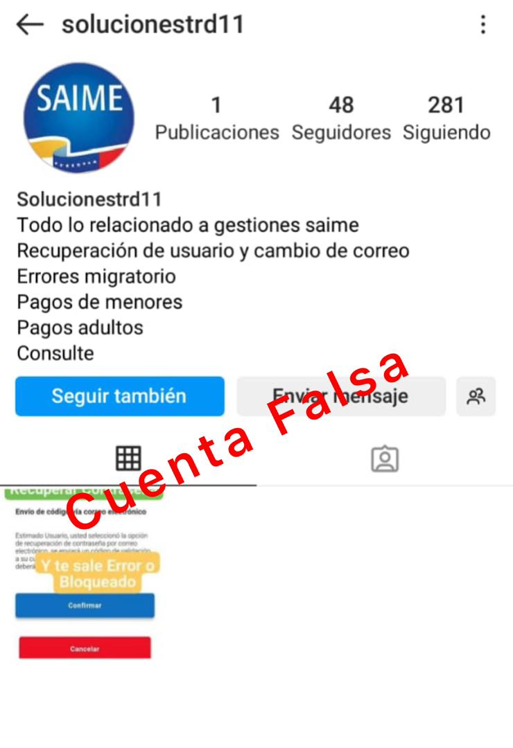 VenezuelaSaime's tweet photo. #Atención || Informamos a nuestros usuarios que la cuenta en la red social Instagram @solucionestrd11 es falsa. Reiteramos no suministrar datos a terceros, evita ser víctimas de estafas.  

¡Dile no a la gestoría! https://t.co/t3ZMRFkSBe