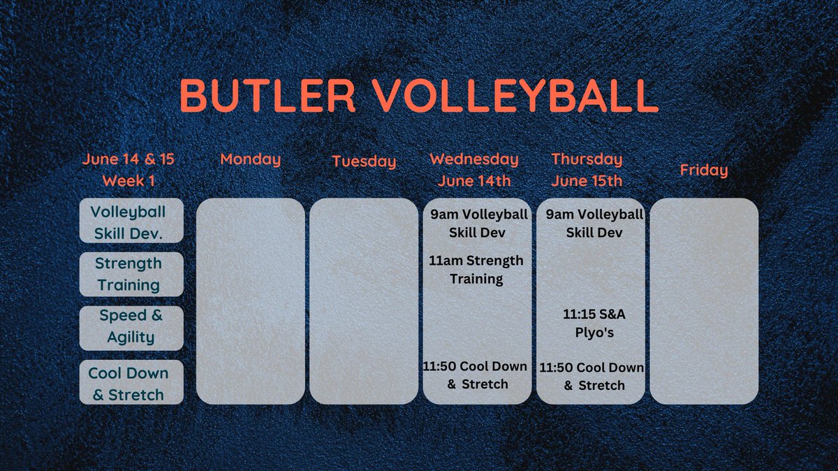Butlerhsvball's tweet image. Summer volleyball workouts start tomorrow! Starting at 9am-12, arrive by 8:45 with a current physical.