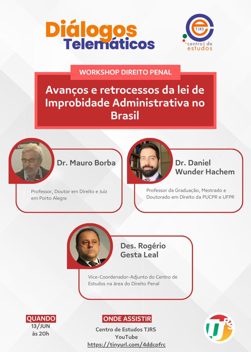 Hoje, debato com magistrados do Tribunal de Justiça do Rio Grande do Sul sobre o tema das alterações na Lei de Improbidade Administrativa. Agradeço ao TJRS e ao seu Centro de Estudos pelo convite.