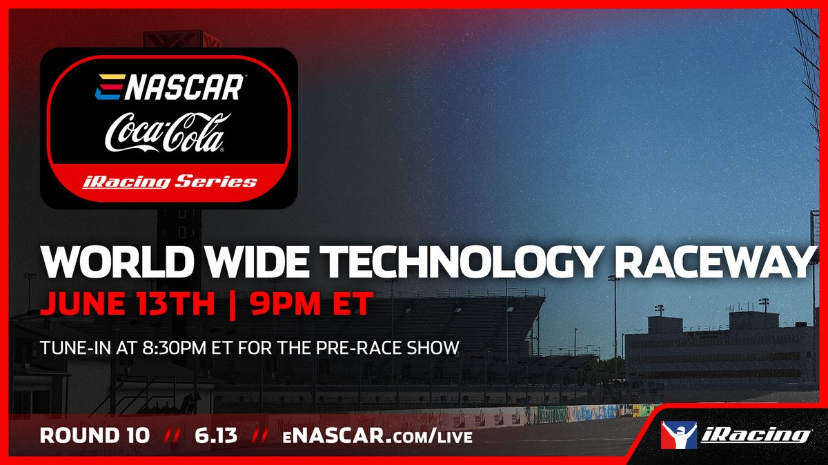 .@NASCAR fans, the @eNASCARGG @CocaColaRacing @iRacing Series is back in action tonight at the @WWTRaceway.

Coverage starts at 8:30 p.m. ET at enascar.com/live with the green flag at 9:00 p.m. ET.

#eNASCAR | #iRacing | #esports | #SimRacing | #NASCAR | #eRacing