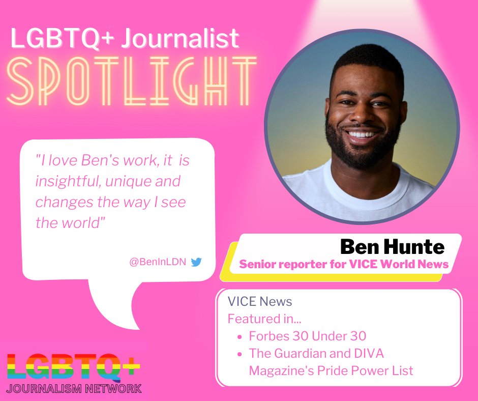 This #PrideMonth we are spotlighting LGBTQ+ journalists who our members look up to 🌟

Today: Ben Hunte (@BenInLDN)

Ben was the BBC's first LGBT+ correspondent and now works for Vice World News as a senior reporter focusing on stories about race, inequality and LGBTQ+ issues 🏳️‍🌈