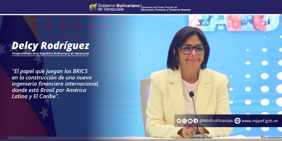 #EnFrases || Durante el debate del II Foro Económico Euroasiático, que se desarrolló en #Rusia, La Vicepdta. Ejecutiva @delcyrodriguezv, dio relevancia al 'papel que juegan los #BRICS en la construcción de una nueva ingeniería financiera internacional'.      

#14Jun