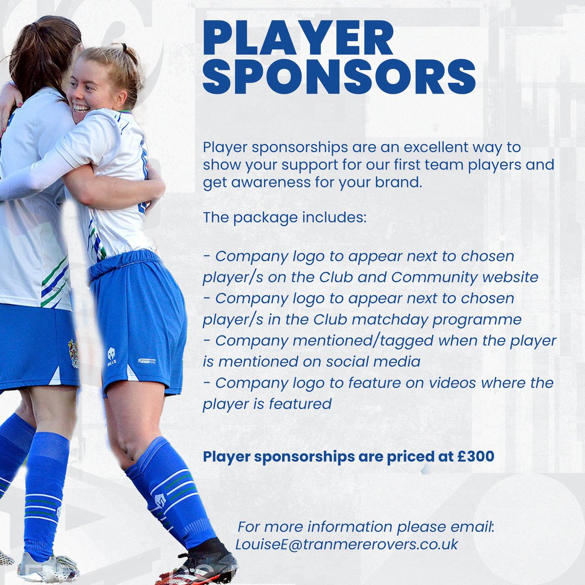 ✏️ Player sponsors are a fantastic way to show off you brand

- website click through on Club website which has 1.5m unique page views and domain authority
- 38.6m reach on social media
- 1000s of programmes every matchday

And more

HannahN@tranmererovers.co.uk for more info