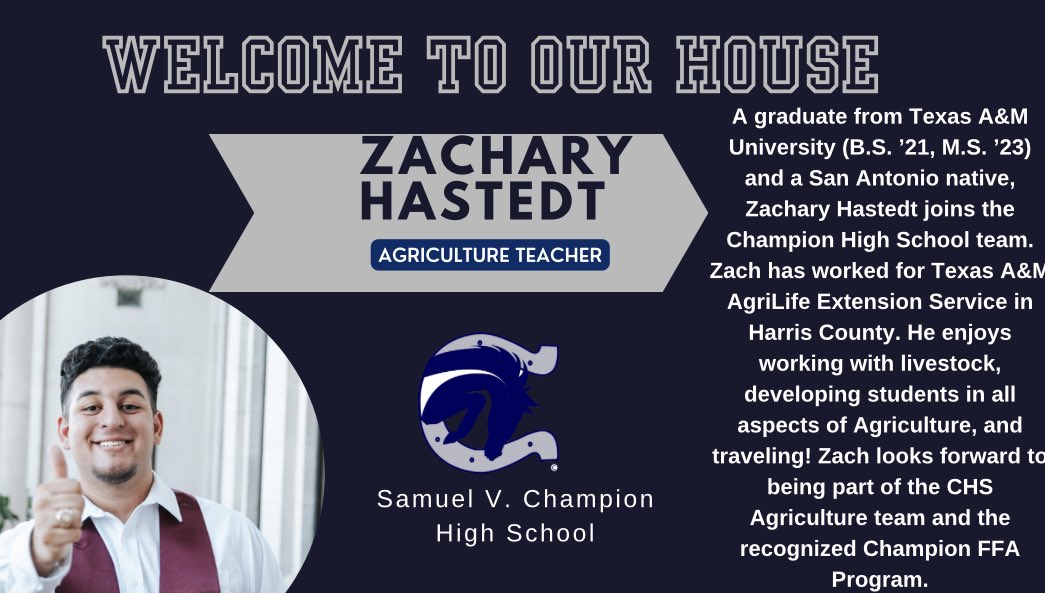 Samuel V. Champion High School (@samchampionhs) on Twitter photo <a href="/SamChampionHS/">Samuel V. Champion High School</a> welcomes Zachary Hastedt to our amazing team! Mr. Hastedt will join the CTE team, teaching Agriculture. #OurHouse <a href="/BoerneISD/">Boerne ISD</a> <a href="/SamChampionHS/">Samuel V. Champion High School</a> welcomes Zachary Hastedt to our amazing team! Mr. Hastedt will join the CTE team, teaching Agriculture. #OurHouse <a href="/BoerneISD/">Boerne ISD</a>