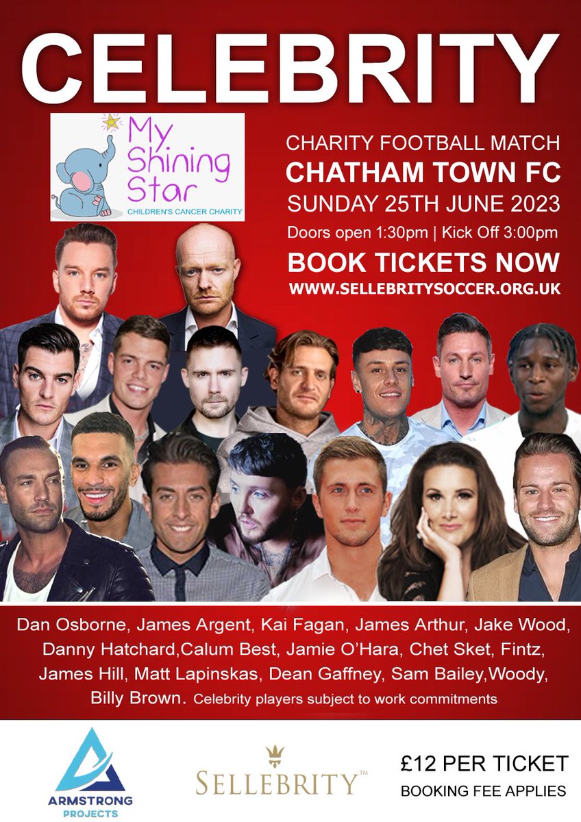 SellebritySoccer (@sellebrity_uk) on Twitter photo 📆 Sunday 25th June 2023
📍Chatham town FC - 3PM KICK OFF
We are pleased <a href="/mrjakedwood/">Jake Wood</a> has confirmed for our huge celebrity charity match at <a href="/ChathamTownFC/">Chatham Town</a> for <a href="/myshiningstaruk/">My Shining Star Children’s Cancer Charity 🌟</a>
book here for your tickets 🎫 ⚽️ <a href="/Kent_Online/">KentOnline</a> <a href="/kmfmofficial/">kmfm</a>
Tickets at sellebritysoccer.org.uk 🎫 📆 Sunday 25th June 2023
📍Chatham town FC - 3PM KICK OFF
We are pleased <a href="/mrjakedwood/">Jake Wood</a> has confirmed for our huge celebrity charity match at <a href="/ChathamTownFC/">Chatham Town</a> for <a href="/myshiningstaruk/">My Shining Star Children’s Cancer Charity 🌟</a>
book here for your tickets 🎫 ⚽️ <a href="/Kent_Online/">KentOnline</a> <a href="/kmfmofficial/">kmfm</a>
Tickets at sellebritysoccer.org.uk 🎫
