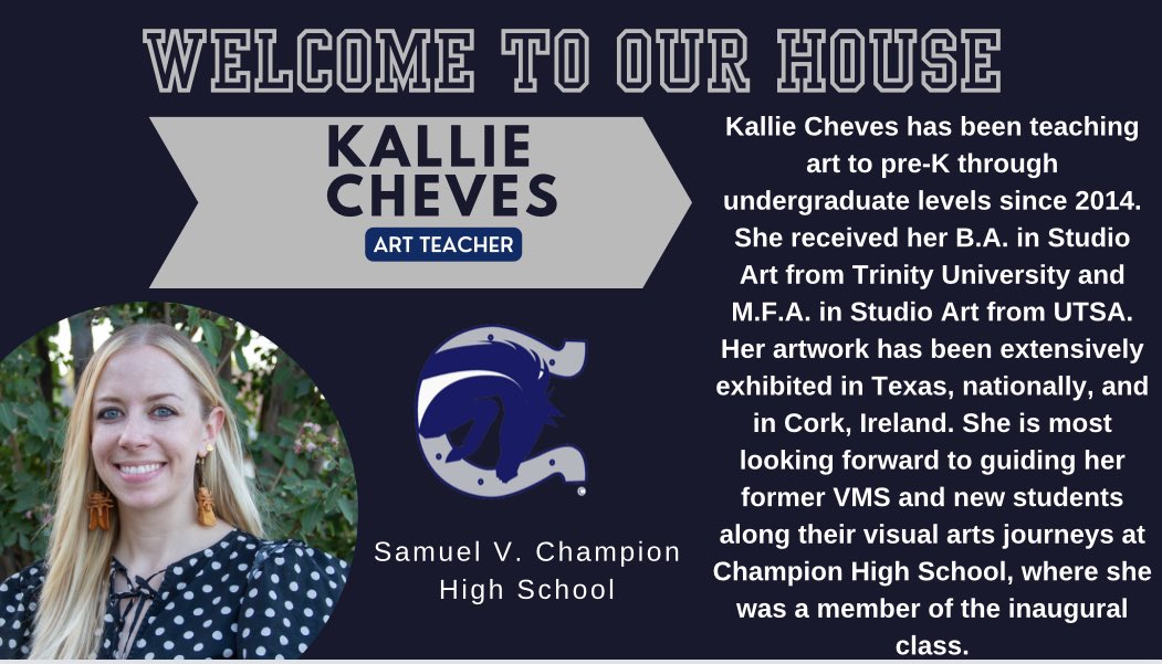 Samuel V. Champion High School (@samchampionhs) on Twitter photo <a href="/SamChampionHS/">Samuel V. Champion High School</a> welcomes Kallie Cheves to our amazing team! Mrs. Cheves will join the Fine Arts team, teaching Art. <a href="/BoerneISD/">Boerne ISD</a> <a href="/BoerneFineArts/">BoerneFineArts</a> <a href="/SamChampionHS/">Samuel V. Champion High School</a> welcomes Kallie Cheves to our amazing team! Mrs. Cheves will join the Fine Arts team, teaching Art. <a href="/BoerneISD/">Boerne ISD</a> <a href="/BoerneFineArts/">BoerneFineArts</a>