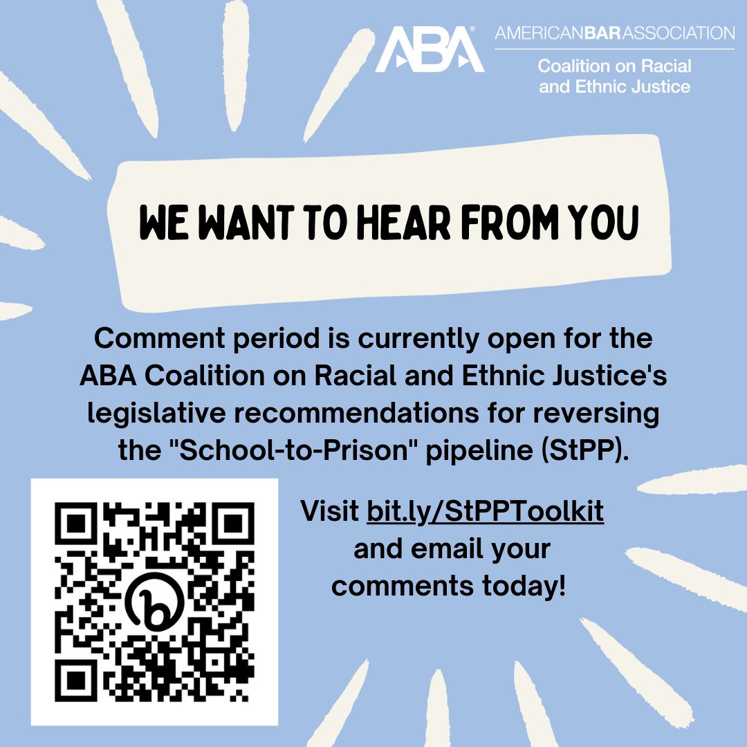 We invite all interested parties to email comments, but especially encourage input from teachers, administrators, mental health professionals, school resource officers, and parents. 
Review COREJ's StPP legislative recommendations for legislative change: bit.ly/StPPToolkit