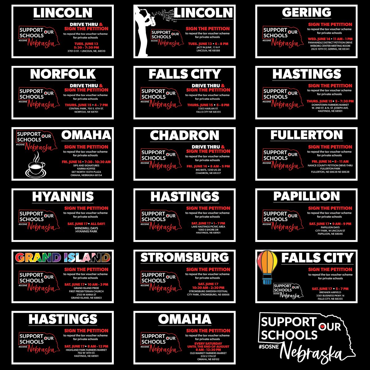 Looking for a place to sign the petition? As of 2 PM today, there are 17 events scheduled this week across the state! Who knows, we could add more! 

Find the most current list of places to sign (and, an interactive map to locate a petition near you) at supportourschoolsnebraska.org/sign-a-petition.