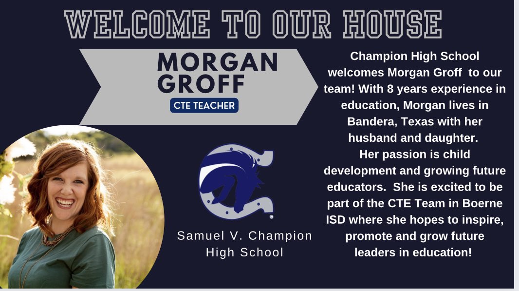 Samuel V. Champion High School (@samchampionhs) on Twitter photo <a href="/SamChampionHS/">Samuel V. Champion High School</a> welcomes Morgan Groff to our amazing team! Mrs. Groff joins our CTE team, teaching courses in the Education Pathway. #OurHouse <a href="/BoerneISD/">Boerne ISD</a> <a href="/SamChampionHS/">Samuel V. Champion High School</a> welcomes Morgan Groff to our amazing team! Mrs. Groff joins our CTE team, teaching courses in the Education Pathway. #OurHouse <a href="/BoerneISD/">Boerne ISD</a>