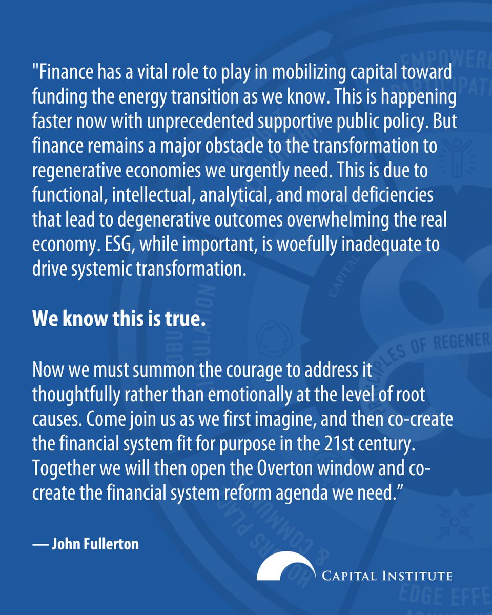CapInstitute's tweet photo. Finance for a Regenerative Economy Course hosted by #JohnFullerton w/ Special Guests begins Monday, June 19 → https://t.co/tOGgCK0nwB https://t.co/mrIFbTk1Ke
