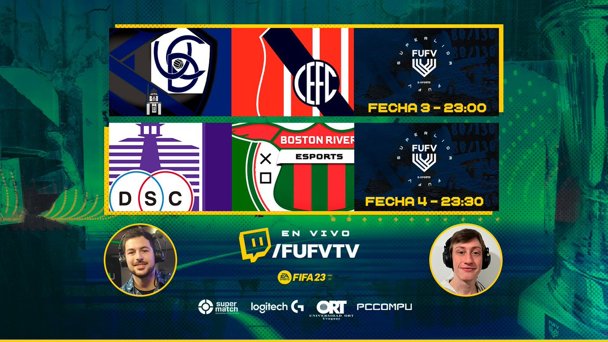 Esta noche 🔴 EN VIVO desde las 23:00 hs #SuperLigaFUFV T-27

▶️ twitch.tv/fufvtv
▶️ twitch.tv/fufvtv

FECHA 3
<a href="/CerritoXXI/">Cerrito XXI 🇺🇾</a>  🆚 <a href="/eSportsCES/">Cᴇɴᴛʀᴀʟ Esᴘᴀɴ̃ᴏʟ ᴇSᴘᴏʀᴛs</a> 

FECHA 4
 <a href="/EsportsDefensor/">Defensor Sporting eSports</a>  🆚 <a href="/BostonR_eSports/">Boston River eSports</a> 

🎙️ <a href="/JuanCruzNovales/">Juan Cruz Novales</a> <a href="/GamesCabeza/">Cabeza Games</a>