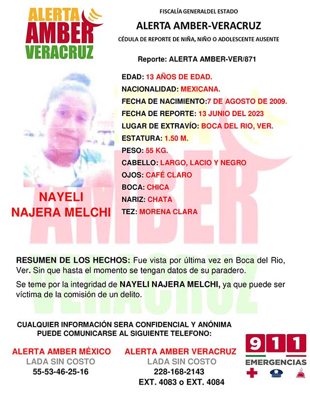 #AlertaAmber🚨| Se solicita de su colaboración para la búsqueda de Nayeli Najera Melchi de 13 años de edad, quien fue vista por última vez en #BocaDelRío. Se teme por su integridad. #ChécaloEnAlCalor