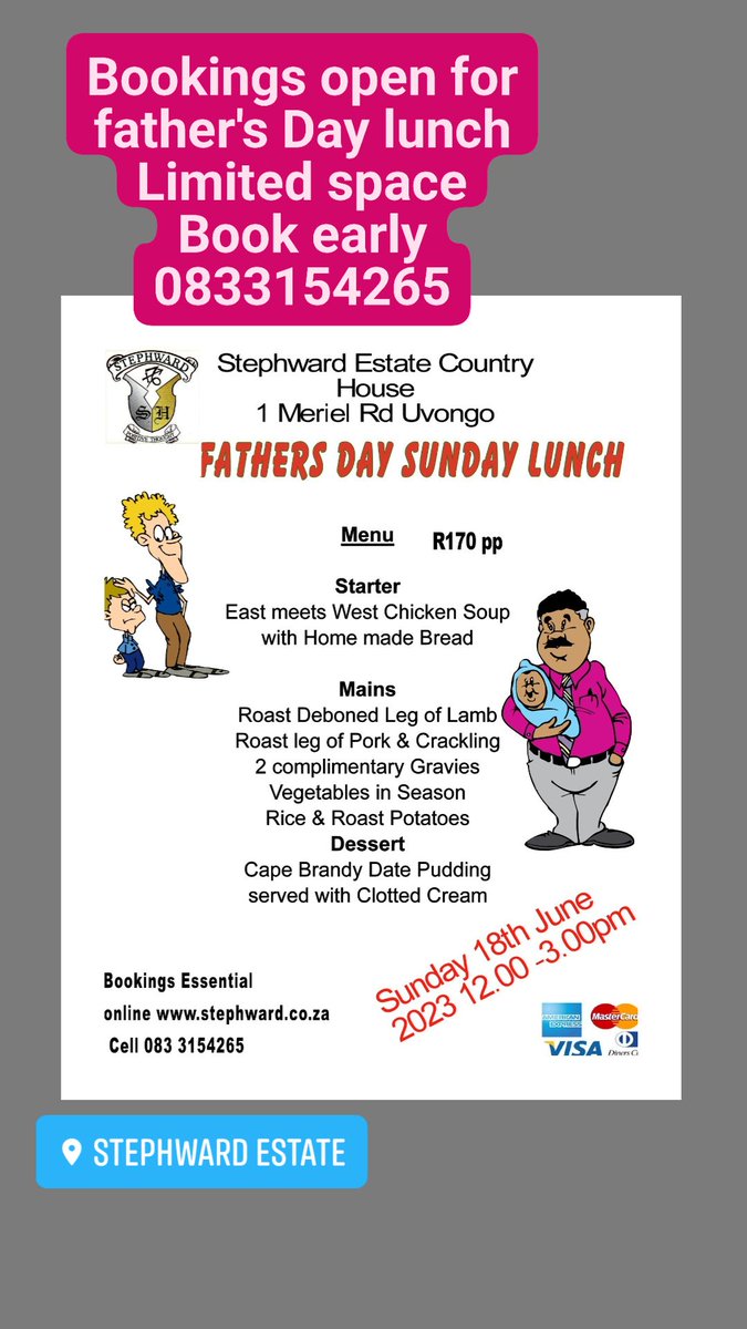 EstateStephward's tweet photo. Book your table for father's Day special lunch limited space what's app 0833154265 online booking at https://t.co/hVq71th62x email address info@stephward.co.za #restaurantkzn #restaurant #goodfood #fathersday #setmenue #sundaylunch #southcoast #KZNFood #kznsouthcoast #kzntourism https://t.co/sv5KaSPT7z
